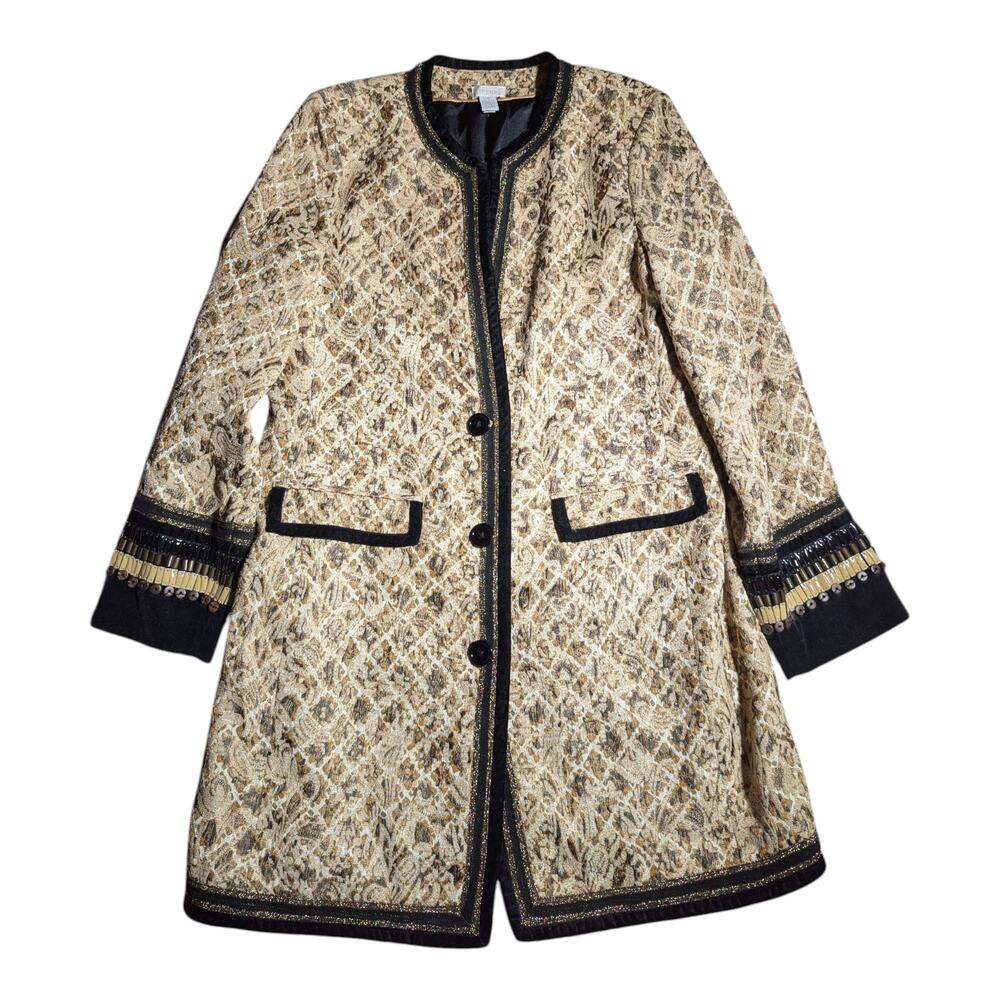 Chico's Beige Tapestry Black Velvet Trim Beaded Longline Collarless Jacket 1 M